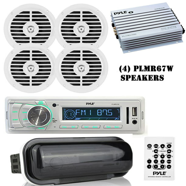 White PLMR88W Marine Boat AM FM MP3 AUX USB SD Radio Receiver Speakers Package
